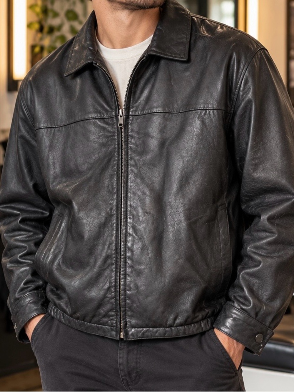 Wilsons Leather Men’s Black Leather Bomber Jacket with Zipper